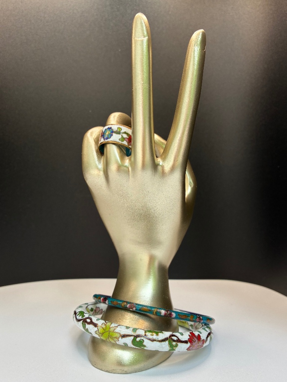 Vintage Enamel White/Floral & Blue Cloisonné Bracelets with Ring